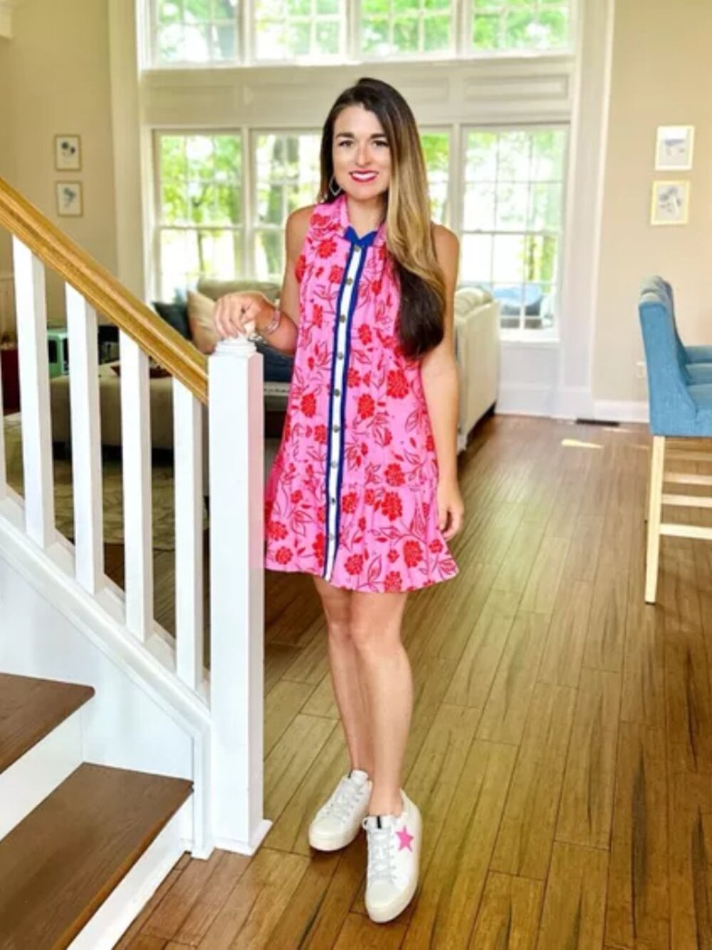 THML Stripe Trim Button Up Flower Dress - Picture 7 of 7